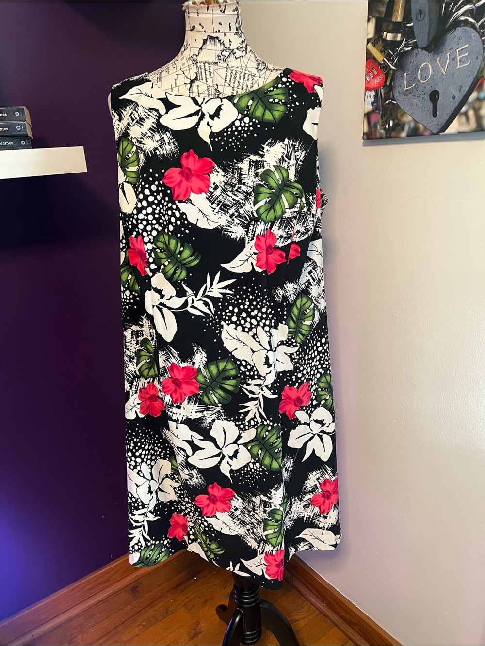 AGB Black Sleeveless Plus Size Floral Print Dress with Pink & Green Accents